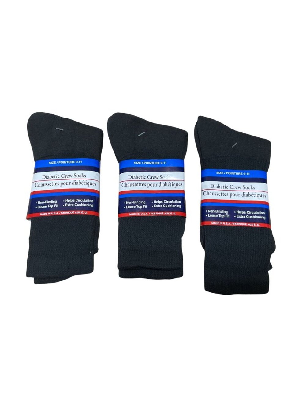 NWT Diabetic Crew Socks Size 9-11 Non-Binding Loose Fit Black 3-Pack Made In USA